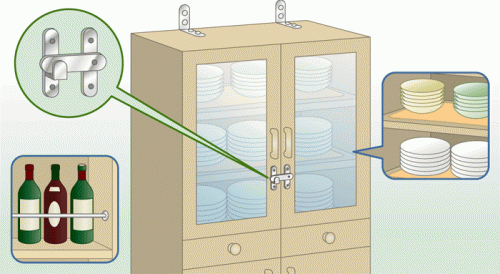 落下防止の為食器棚のドアに簡単な施錠と、瓶などの入っている棚にはつっかえ棒を設置して落下しないように工夫しているイラスト