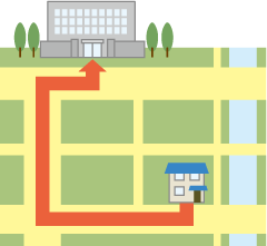 自宅から避難場所までを矢印で示した地図イラスト