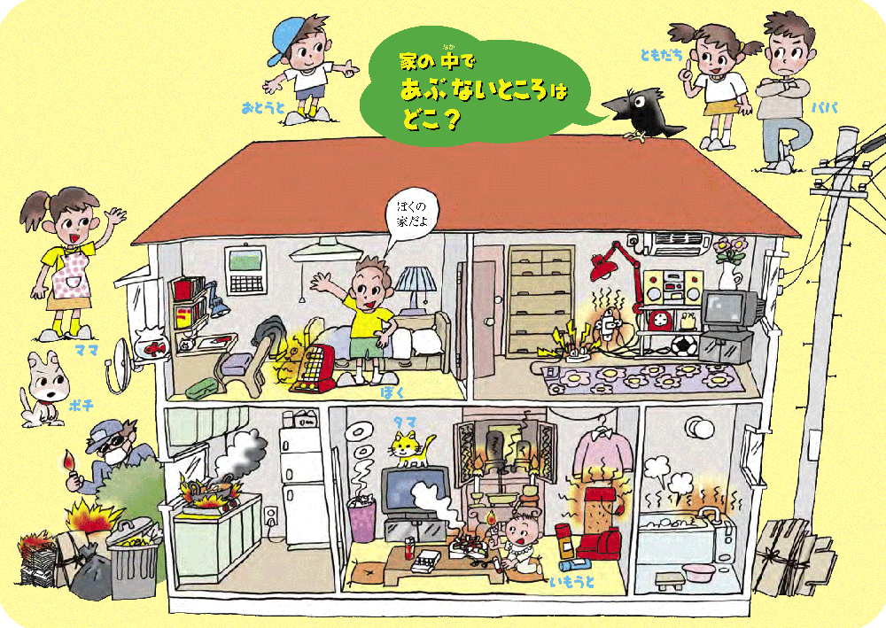 各部屋の状況が見える家の断面図のイラスト（コンロ、ストーブ、お風呂、放火など様々な危険が描いてあります）