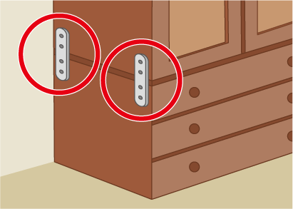 固定器具を使いタンスの上段と下段を固定しているイラスト