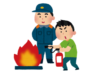 消火器の使い方を子どもに指導する消防士のイラスト