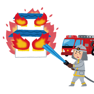 燃える家を消火する消防士のイラスト