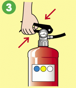消火器のレバーを強く握り噴射させるイラスト