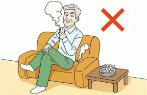 ソファーで煙草を吸うおじいさんのイラスト（ソファーに落ちた灰から煙が上がっている）